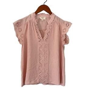 Flower & Feather Pink Ruffle Cap Sleeve V-Neck Top, Eyelet Trim Size S